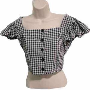 URBAN OUTFITTERS Rita Gingham Flutter Sleeve Button Cropped Top Womens Large